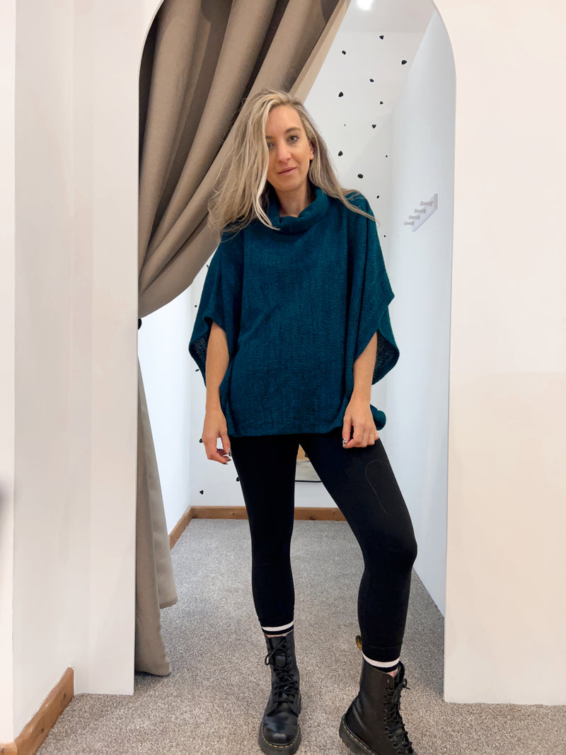 Cowl neck poncho top teal
