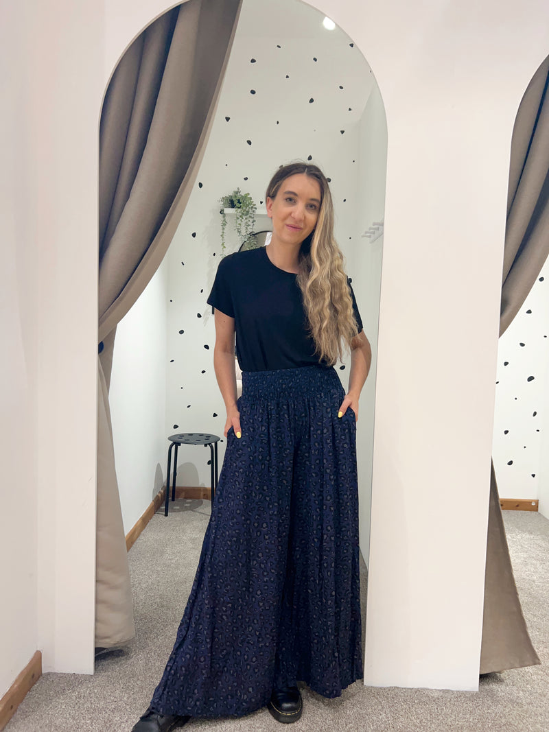 Leopard print wide leg trousers navy