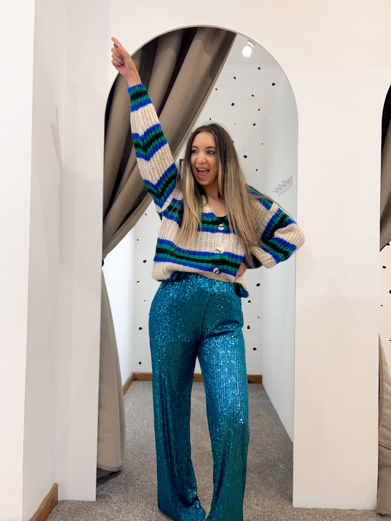 Teal sequin trousers