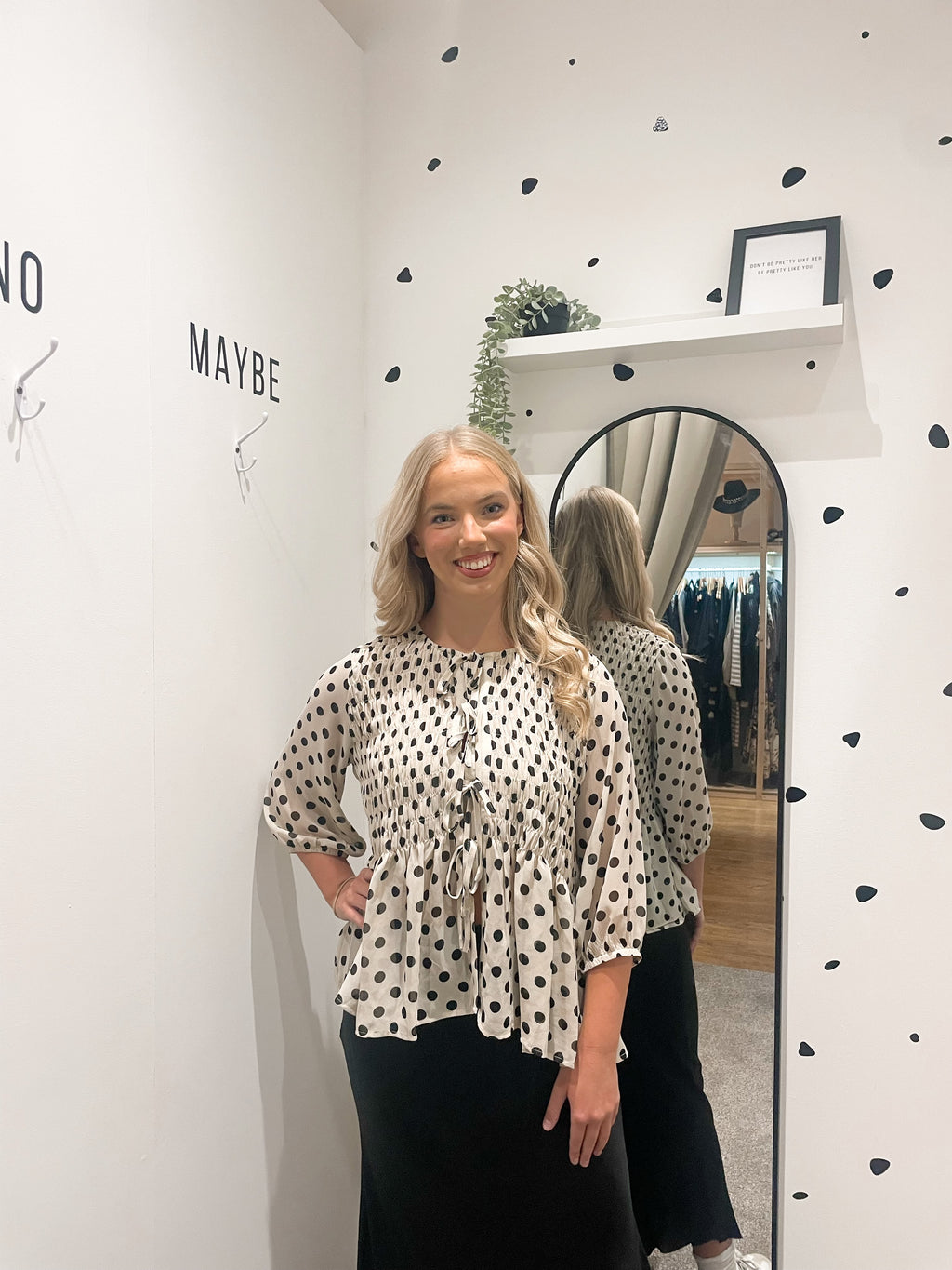 Polka dot tie front blouse