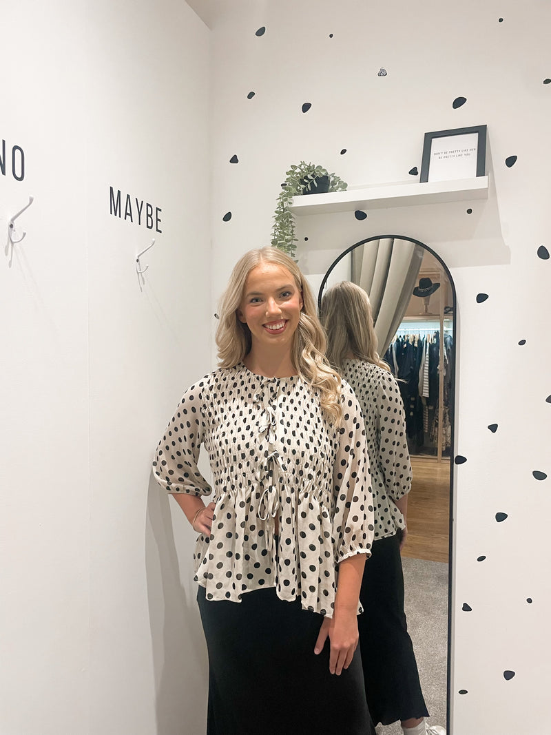 Polka dot tie front blouse