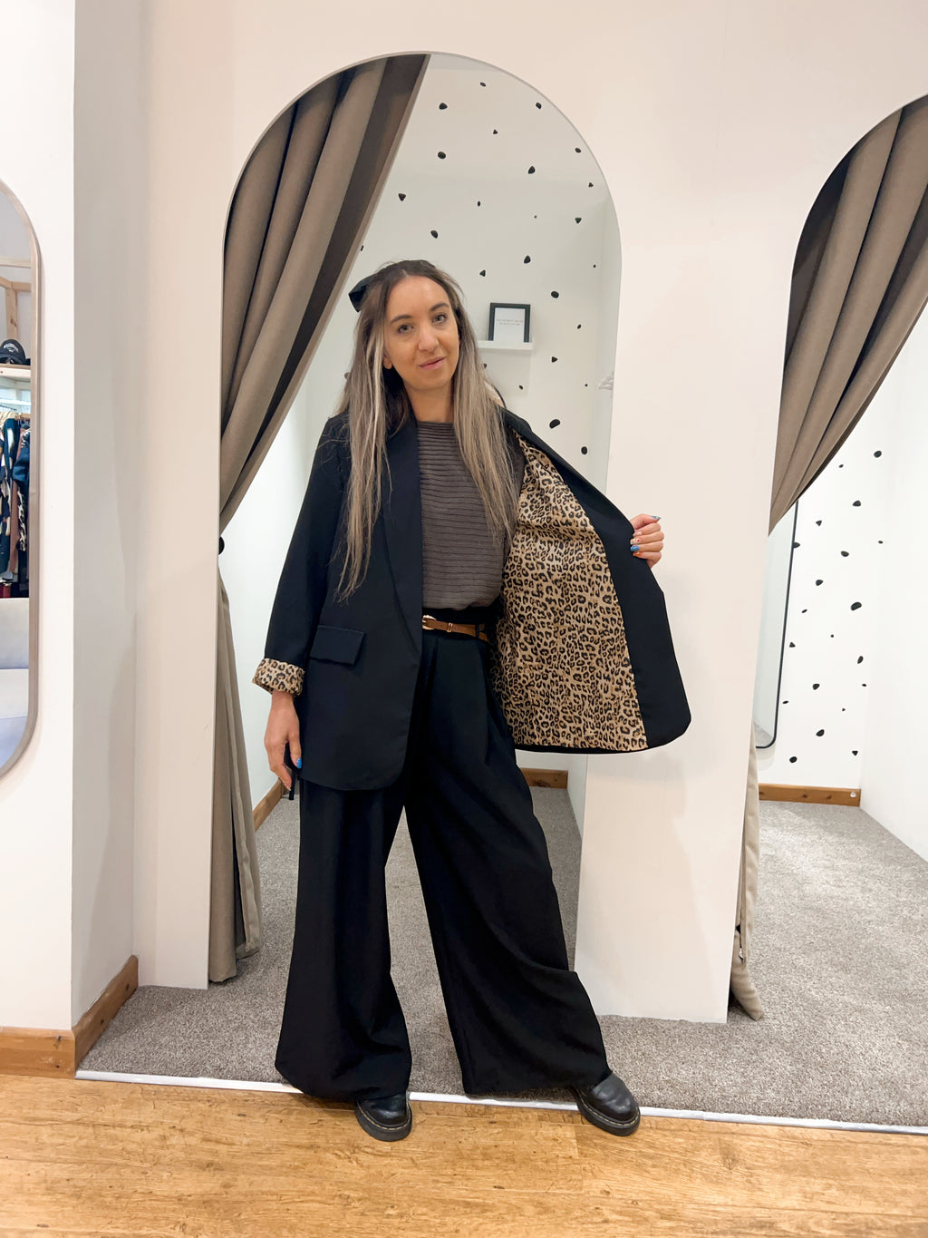 Leopard trim blazer black