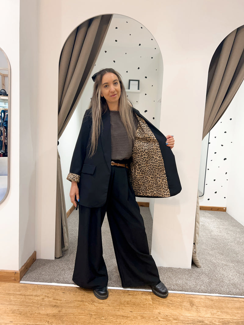 Leopard trim blazer black