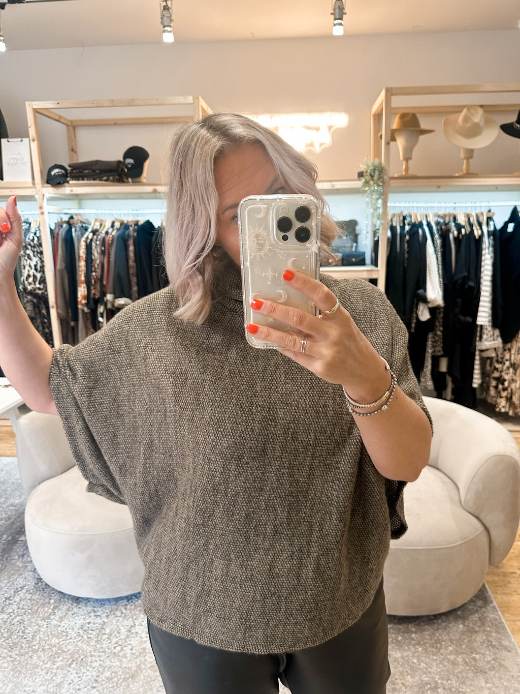 Cowl neck poncho top taupe