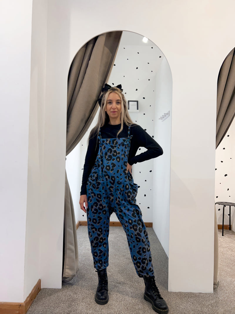 Leopard print dungarees deep blue