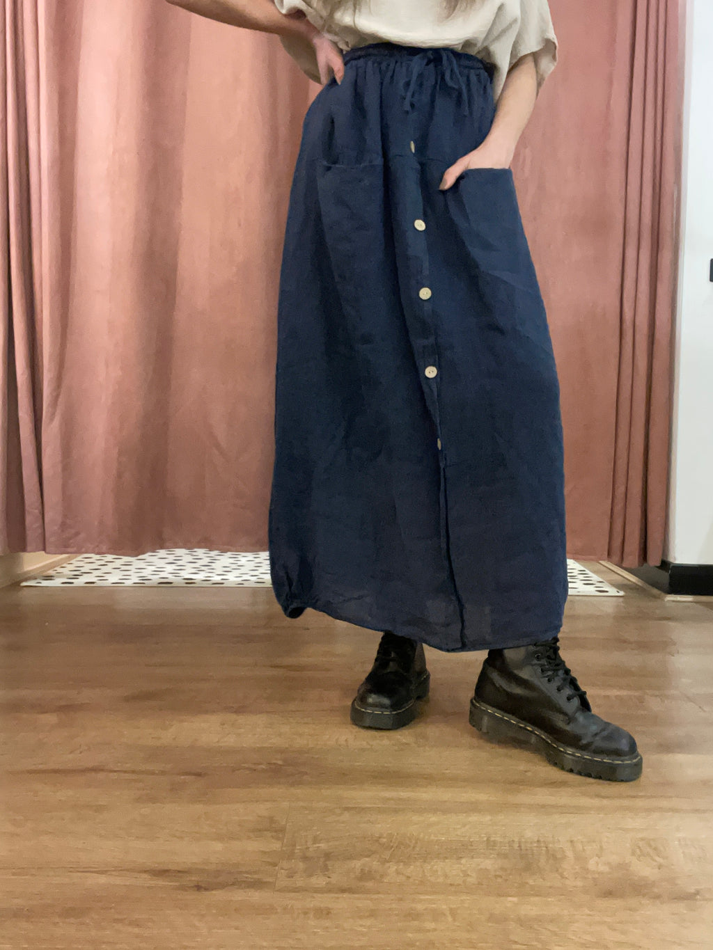Button front linen skirt navy